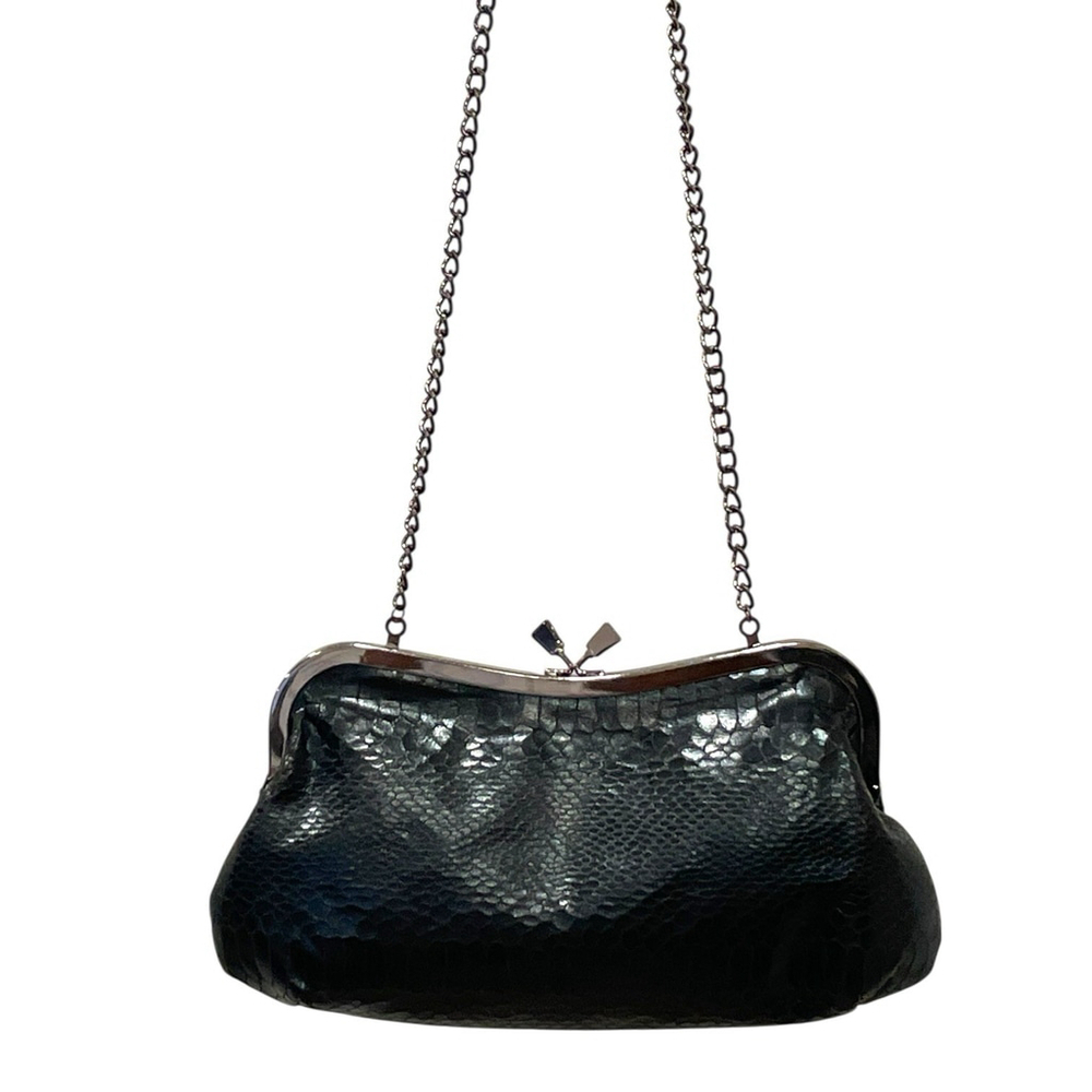 Jessica McClintock Faux Snakeskin Bag Kiss Clasp Gunmetal Chain Strap Black - Picture 5 of 13